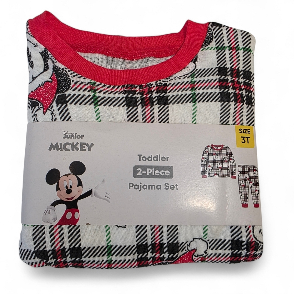 Disney Mickey Mouse NEW White Plaid Holiday 2pc Pajama PJs Long Sleeve Pants 3T